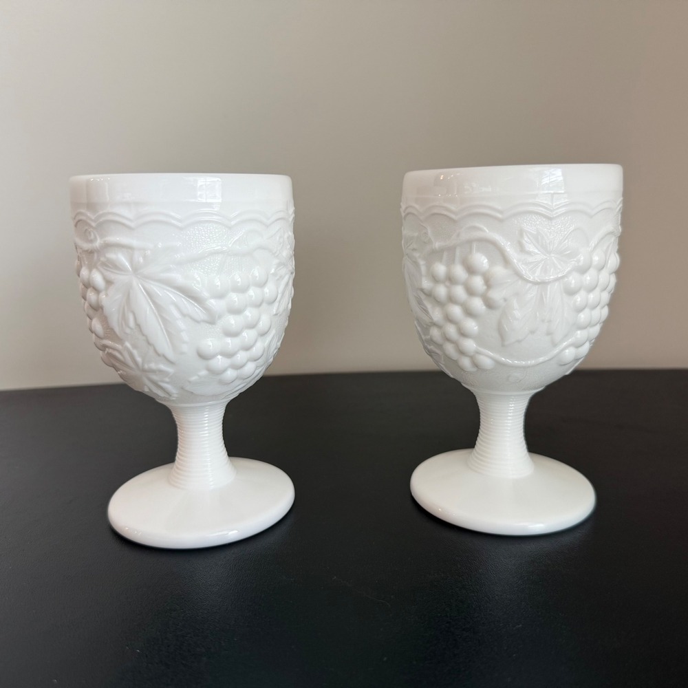 Vintage White Milk Glass Grape Harvest Footed Goblets Set of 2 Wine Water Cups